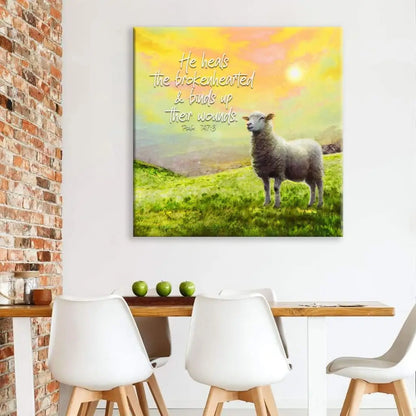 Psalm 147:3 He Heals the Brokenhearted, Sheep, Christian Wall Art Canvas