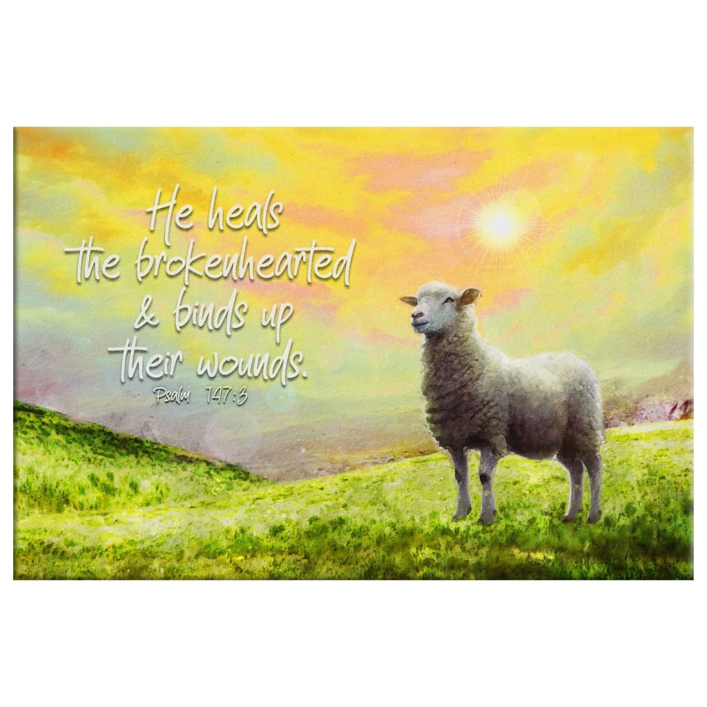 Psalm 147:3 He Heals the Brokenhearted, Sheep, Christian Wall Art Canvas