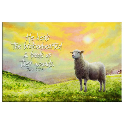 Psalm 147:3 He Heals the Brokenhearted, Sheep, Christian Wall Art Canvas