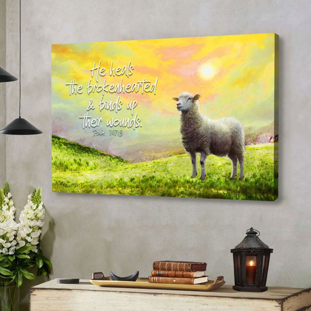 Psalm 147:3 He Heals the Brokenhearted, Sheep, Christian Wall Art Canvas