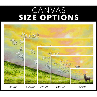 Psalm 147:3 He Heals the Brokenhearted, Sheep, Christian Wall Art Canvas