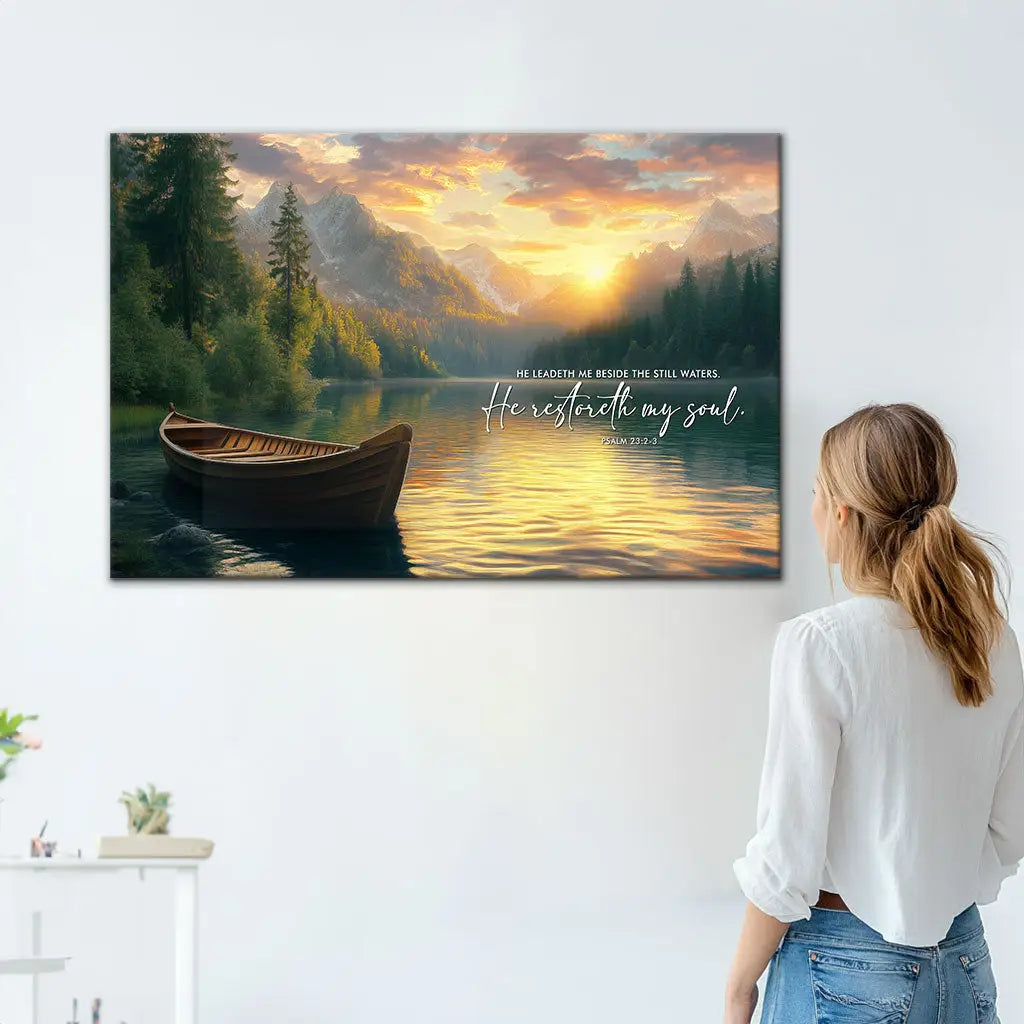 He Leadeth Me Beside The Still Waters Psalm 23:2-3 Bible Verse Wall Art Canvas