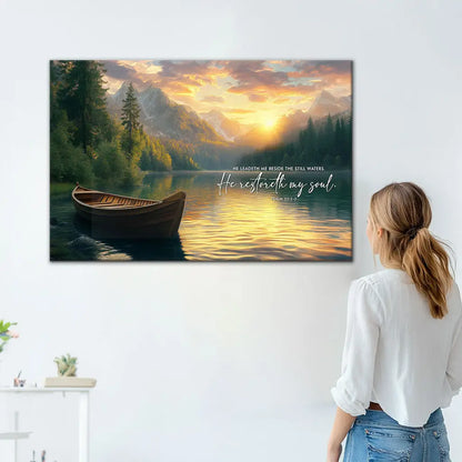 He Leadeth Me Beside The Still Waters Psalm 23:2-3 Bible Verse Wall Art Canvas