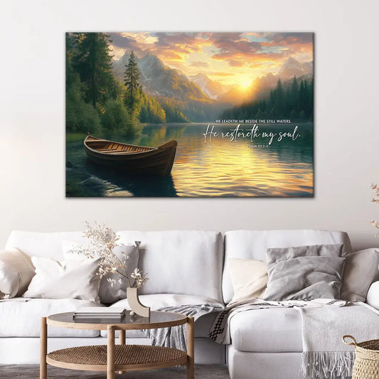 He Leadeth Me Beside The Still Waters Psalm 23:2-3 Bible Verse Wall Art Canvas
