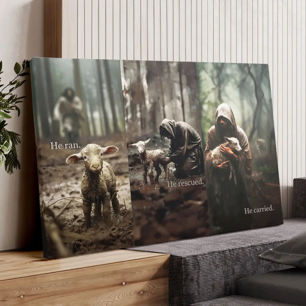 He Ran, He Rescued, He Carried, Jesus and Lost Sheep, Wall Art Canvas