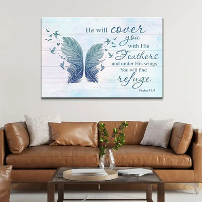 He Will Cover You With His Feathers Psalm 91:4 Bible Verse Wall Art Canvas