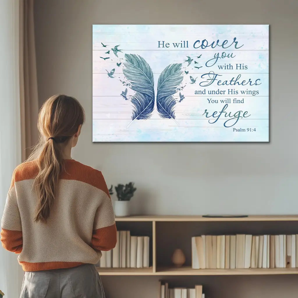 He Will Cover You With His Feathers Psalm 91:4 Bible Verse Wall Art Canvas