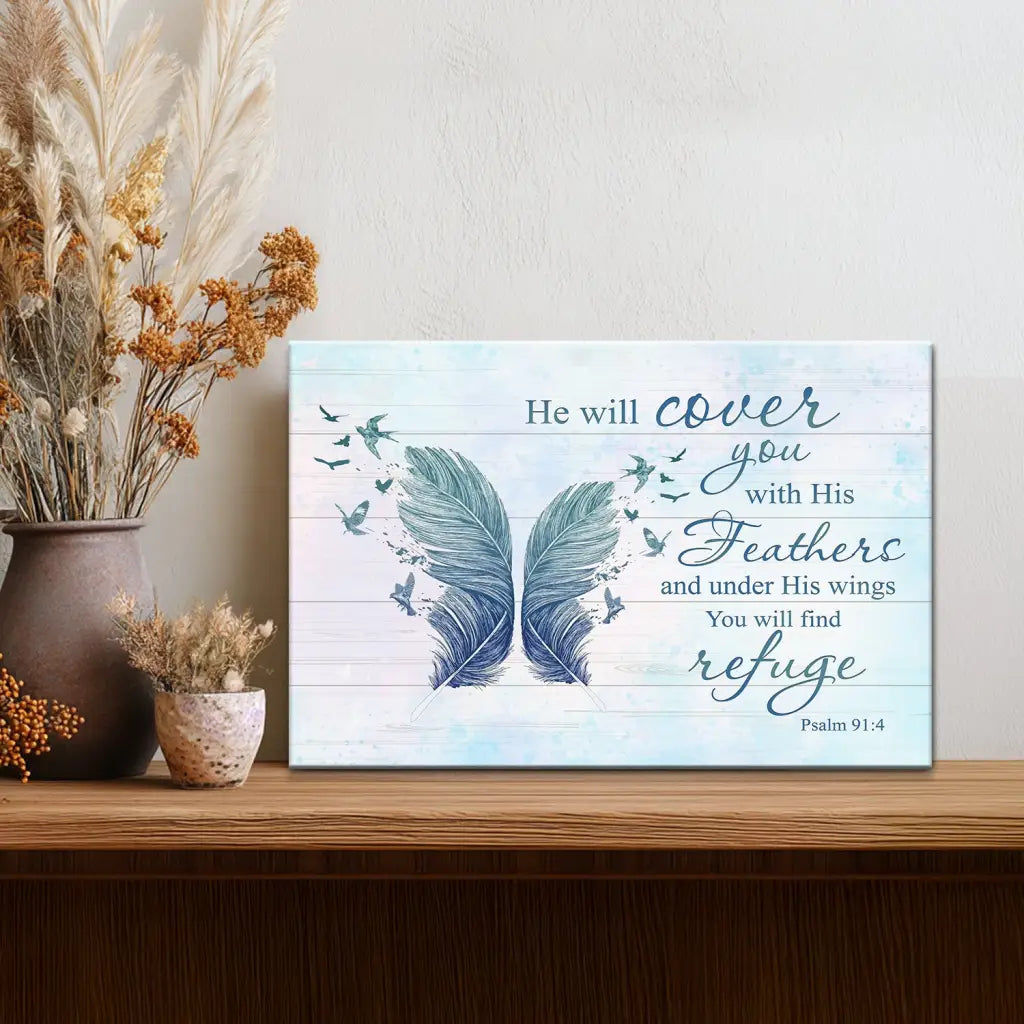He Will Cover You With His Feathers Psalm 91:4 Bible Verse Wall Art Canvas