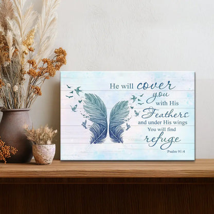 He Will Cover You With His Feathers Psalm 91:4 Bible Verse Wall Art Canvas