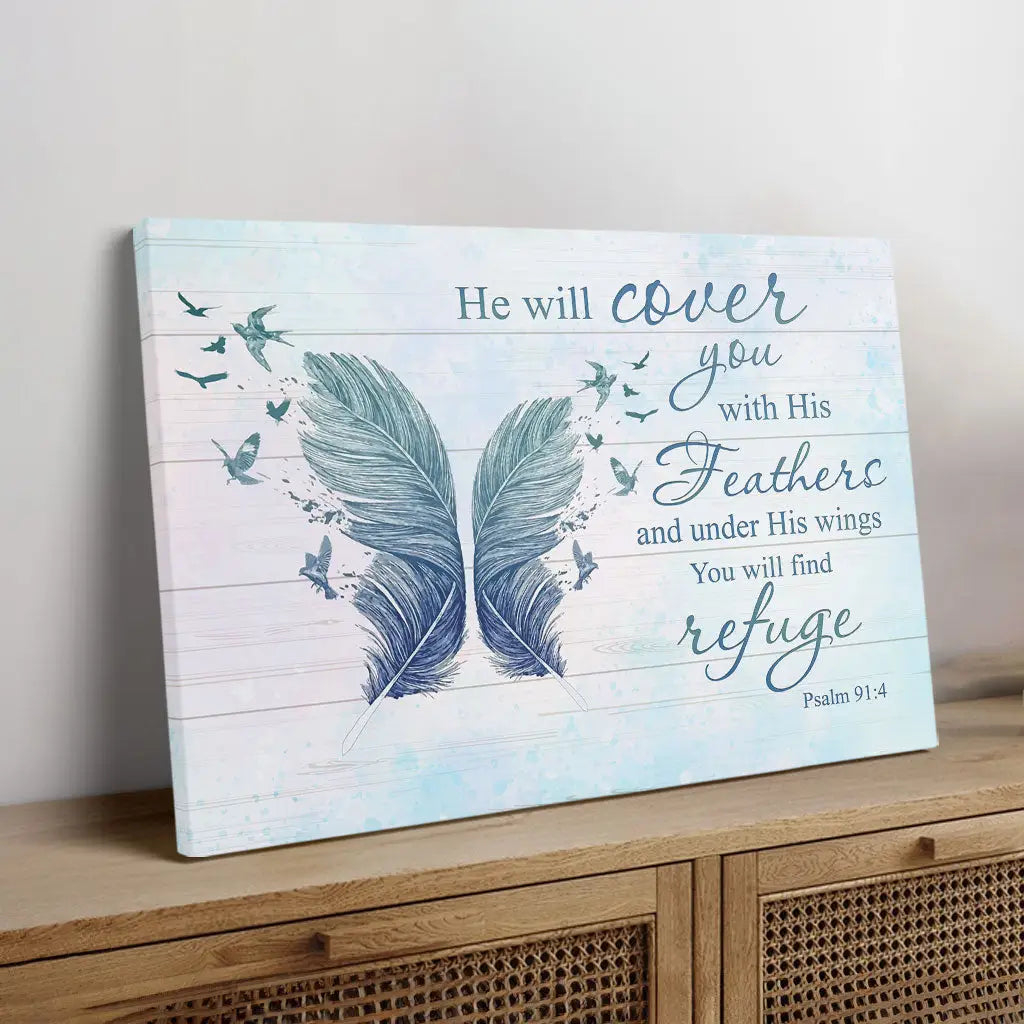 He Will Cover You With His Feathers Psalm 91:4 Bible Verse Wall Art Canvas