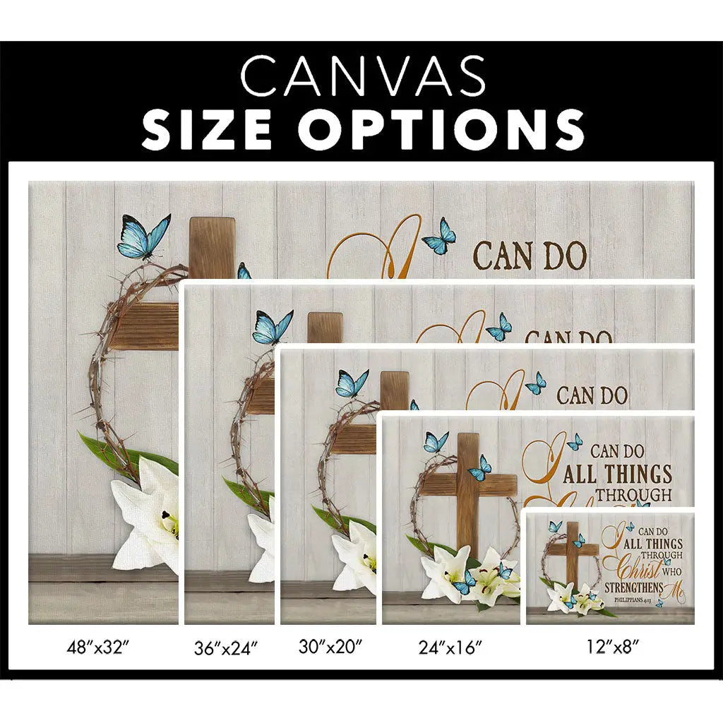 I Can Do All Things Through Christ, Wooden Cross, Lily Flower, Butterflies, Wall Art Canvas