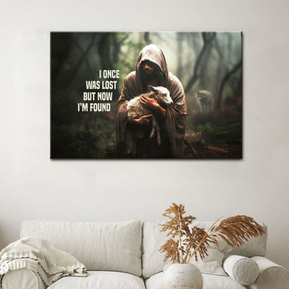 Christian Wall Art Canvas - I Once Was Lost but Now I'm Found, Jesus and Lost Sheep Picture