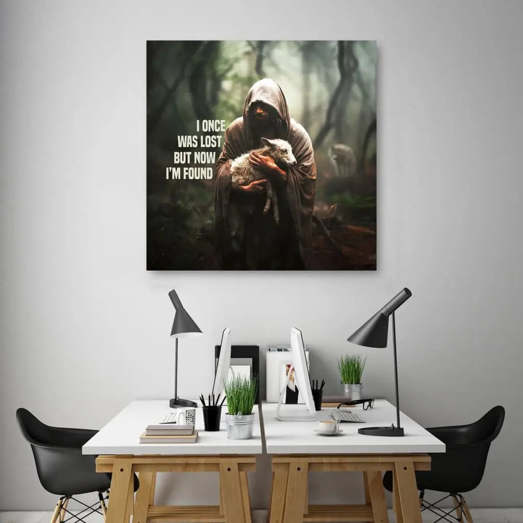 Christian Wall Art Canvas - I Once Was Lost but Now I'm Found, Jesus and Lost Sheep Picture