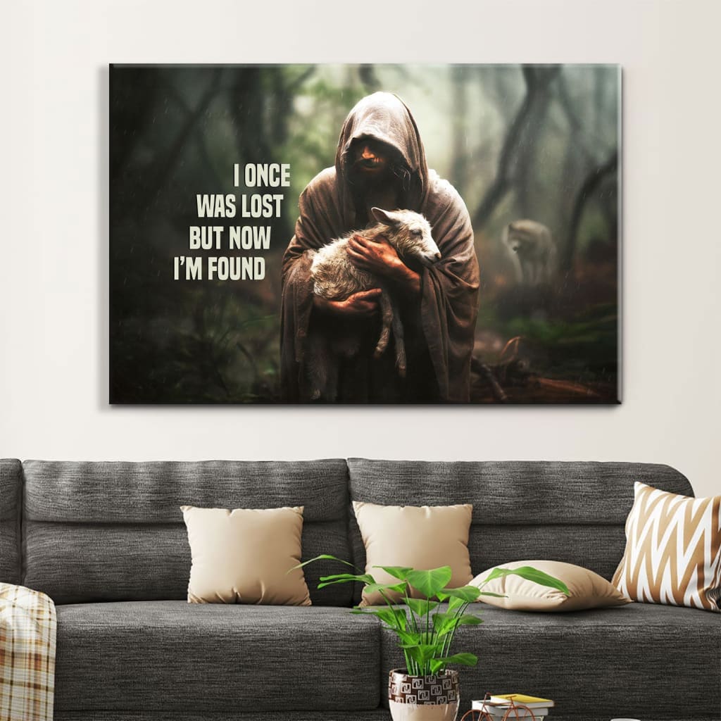 Christian Wall Art Canvas - I Once Was Lost but Now I'm Found, Jesus and Lost Sheep Picture