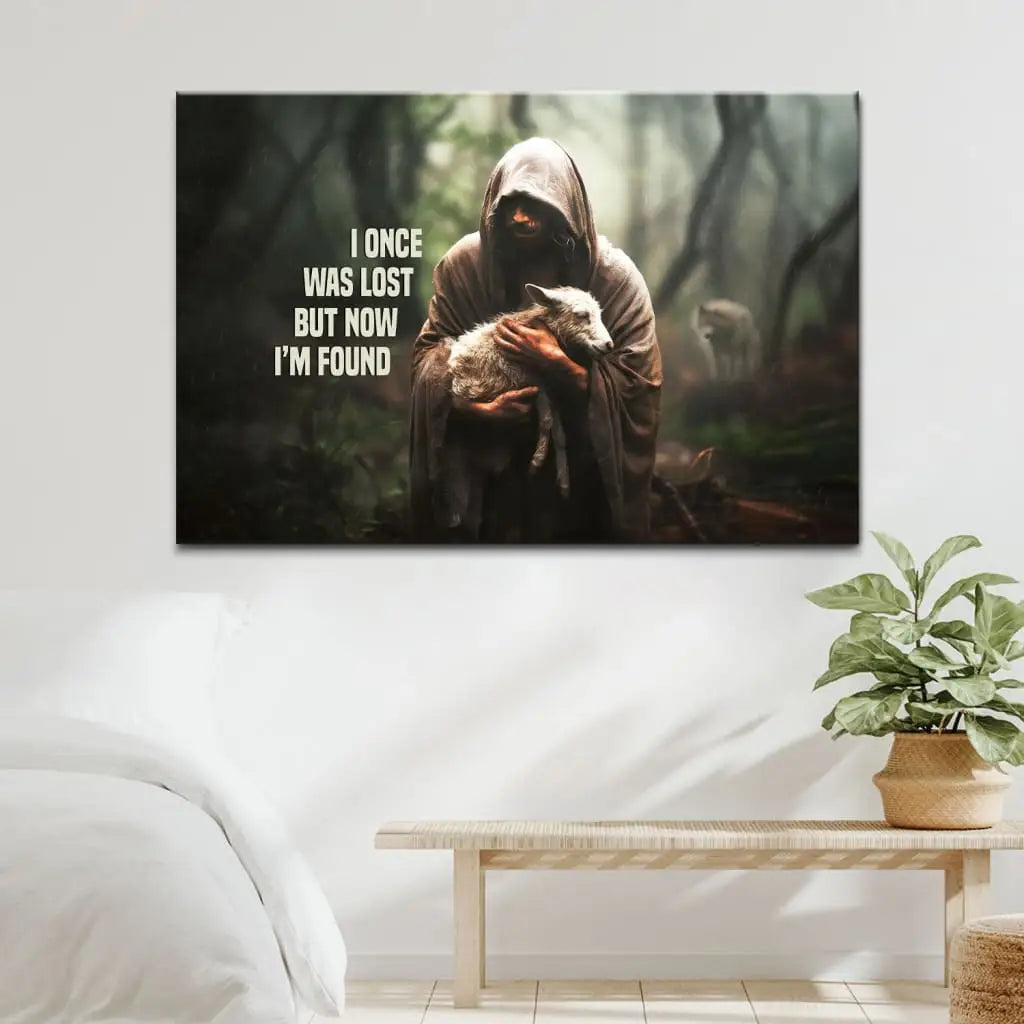 Christian Wall Art Canvas - I Once Was Lost but Now I'm Found, Jesus and Lost Sheep Picture