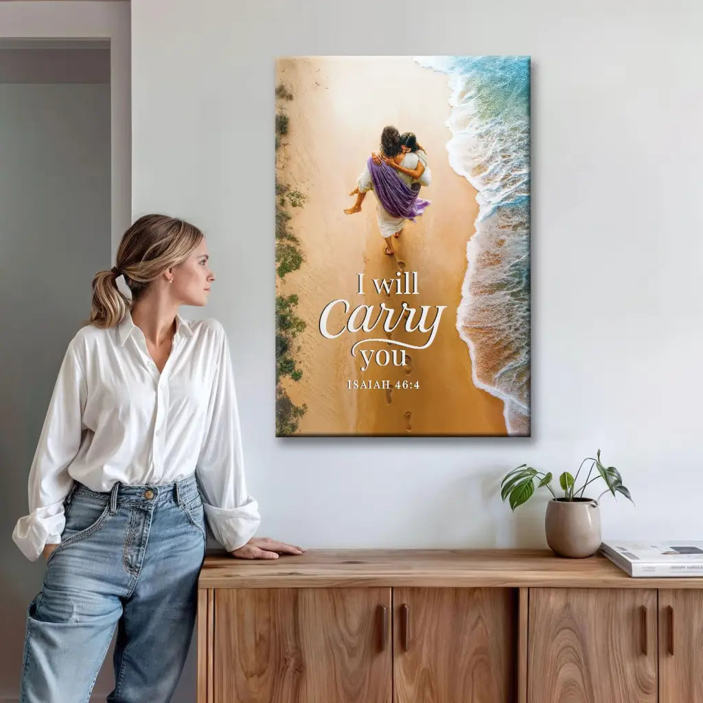 I Will Carry You – Jesus Carrying a Woman – Isaiah 46:4 Christian Canvas Wall Art