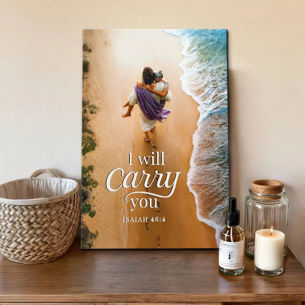 I Will Carry You – Jesus Carrying a Woman – Isaiah 46:4 Christian Canvas Wall Art