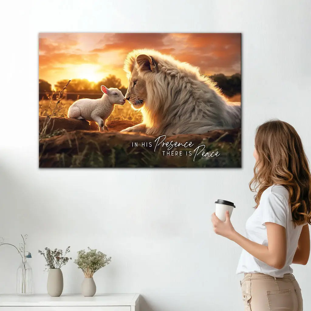 In His Presence There is Peace, Lion and Lamb, Wall Art Canvas