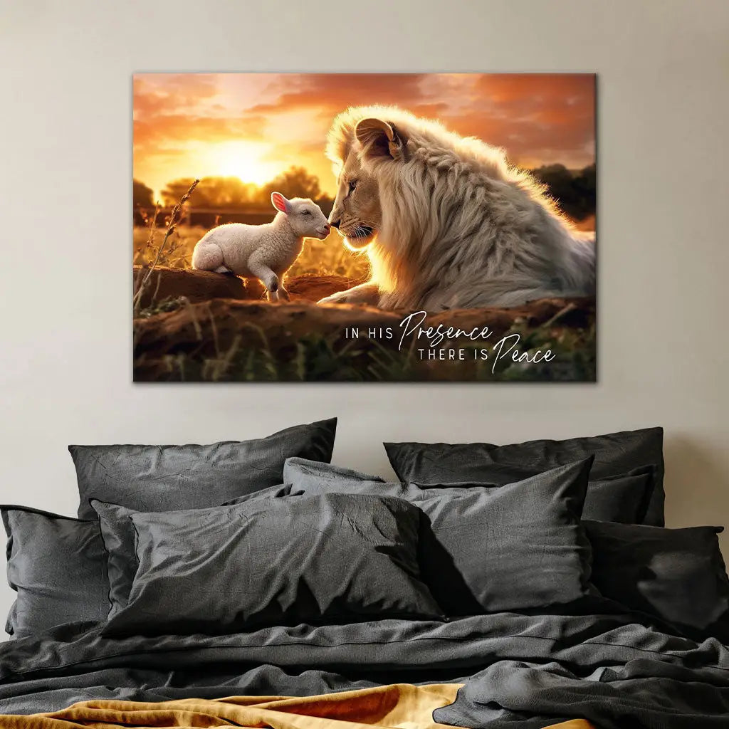 In His Presence There is Peace, Lion and Lamb, Wall Art Canvas