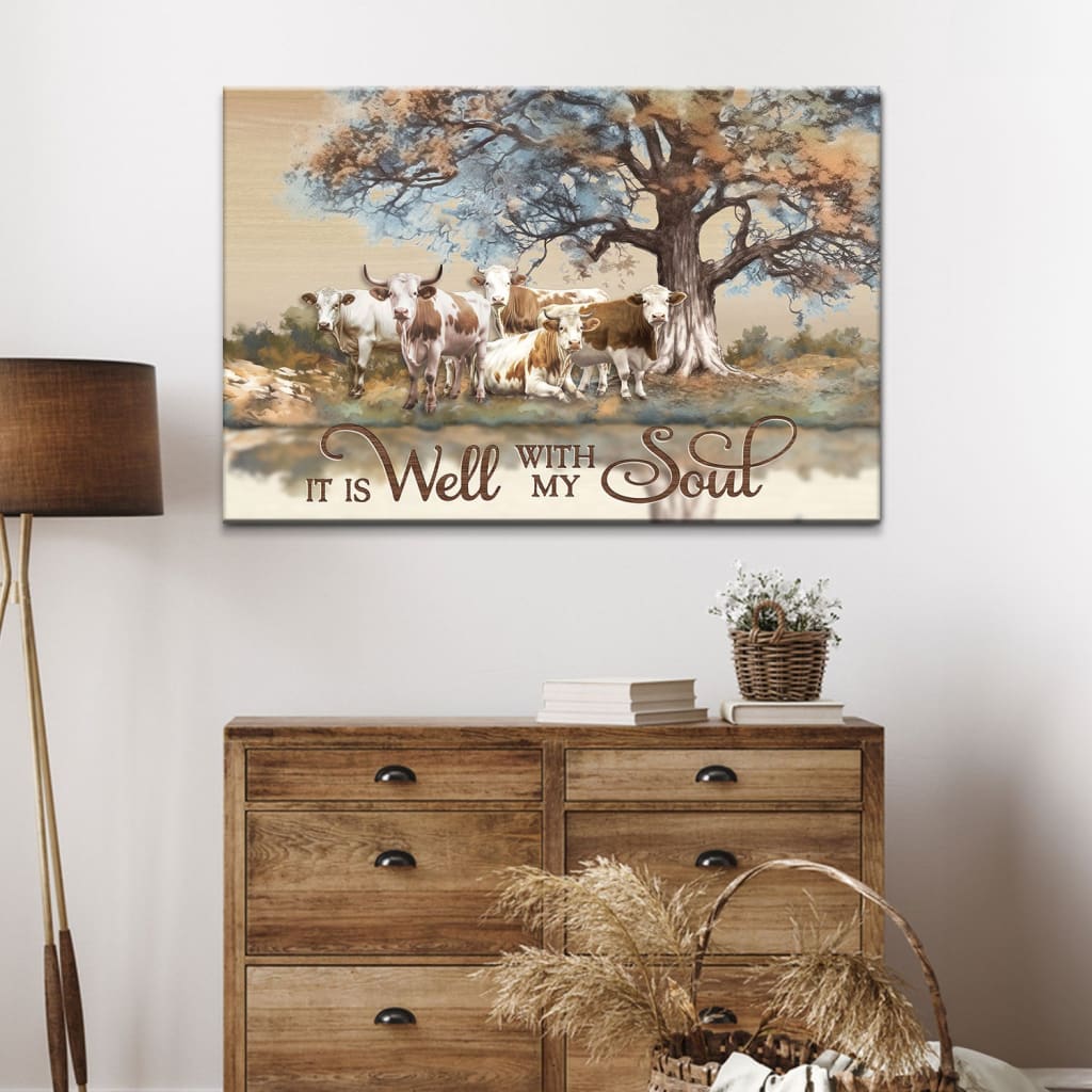 Christian Wall Art - It is Well With My Soul Canvas Art, Cows Under Tree