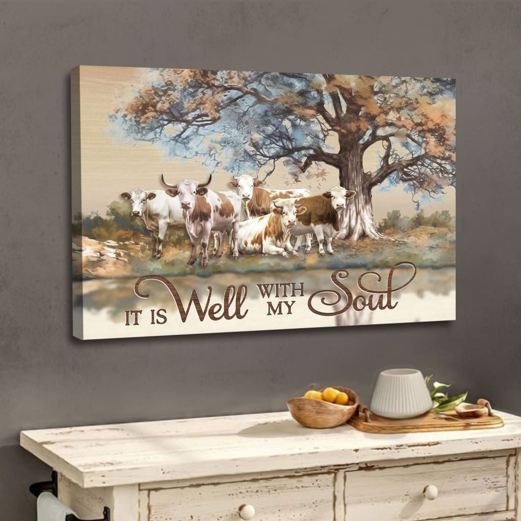Christian Wall Art - It is Well With My Soul Canvas Art, Cows Under Tree
