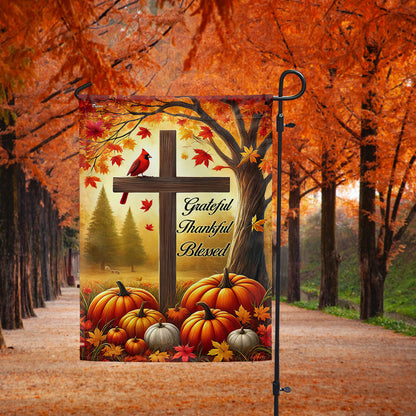 Fall Jesus Cross Grateful Thankful Blessed Thanksgiving Halloween Cardinal Flag