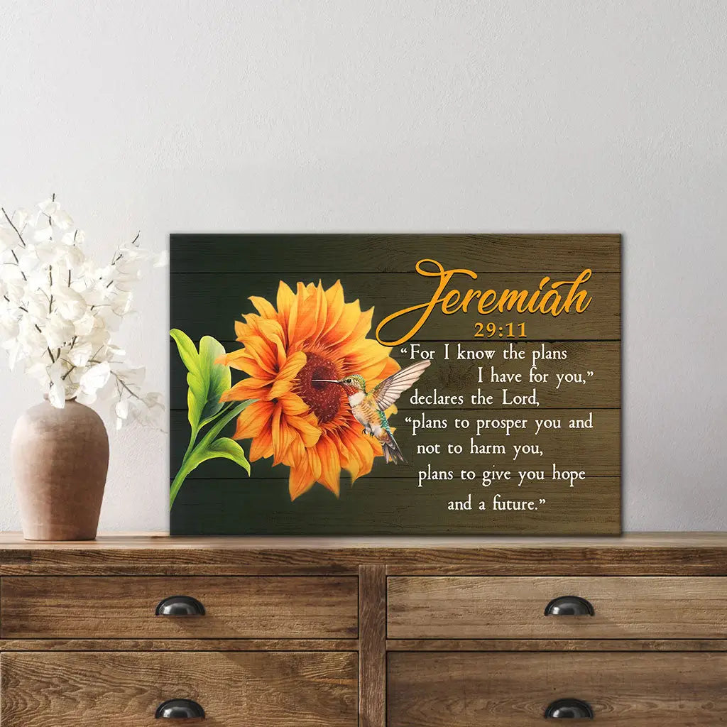 Jeremiah 29:11 For I Know The Plans I Have For You, Hummingbird Sunflower, Wall Art Canvas