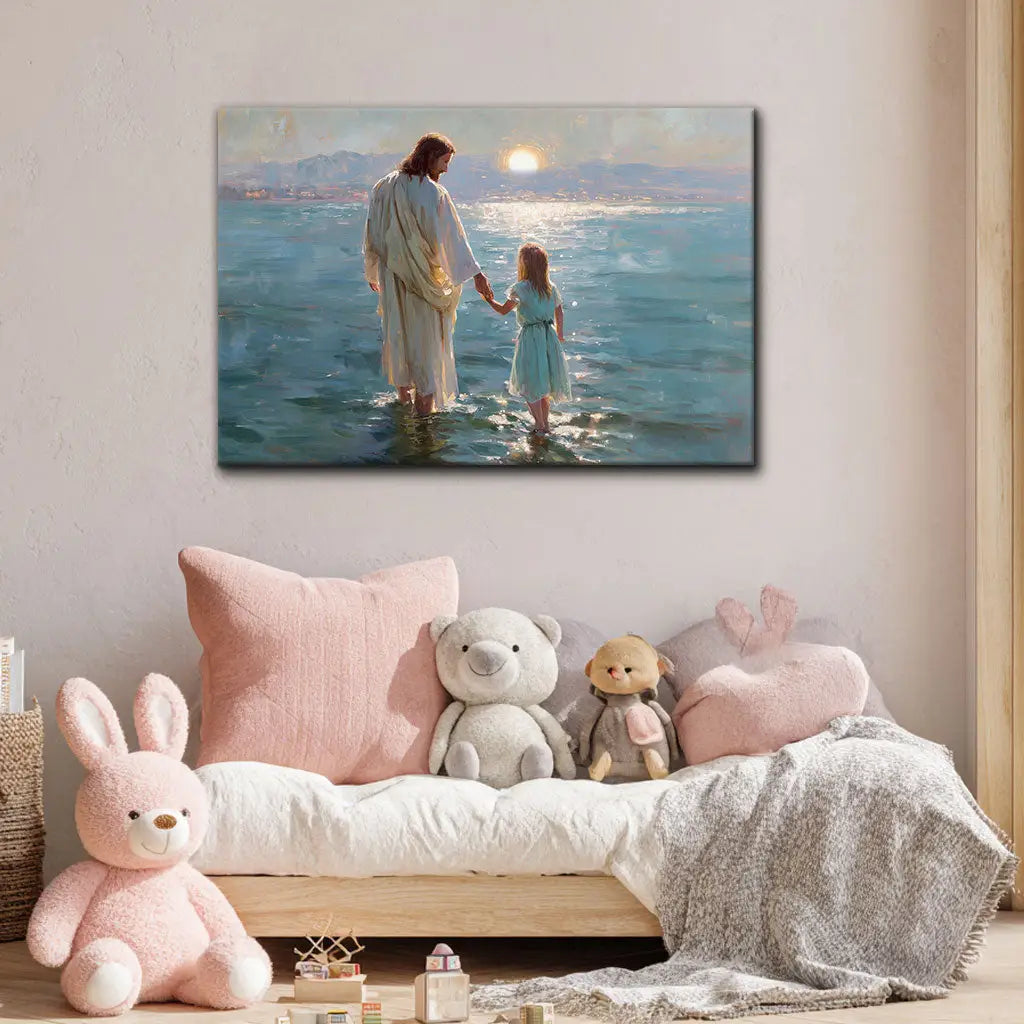 Jesus and Little Girl on the Water – Christian Wall Art Canvas
