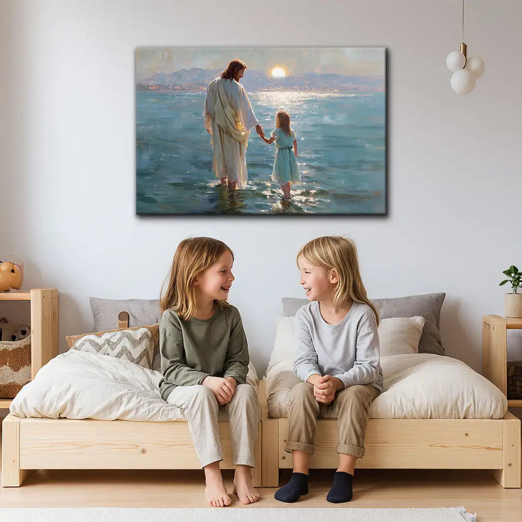Jesus and Little Girl on the Water – Christian Wall Art Canvas