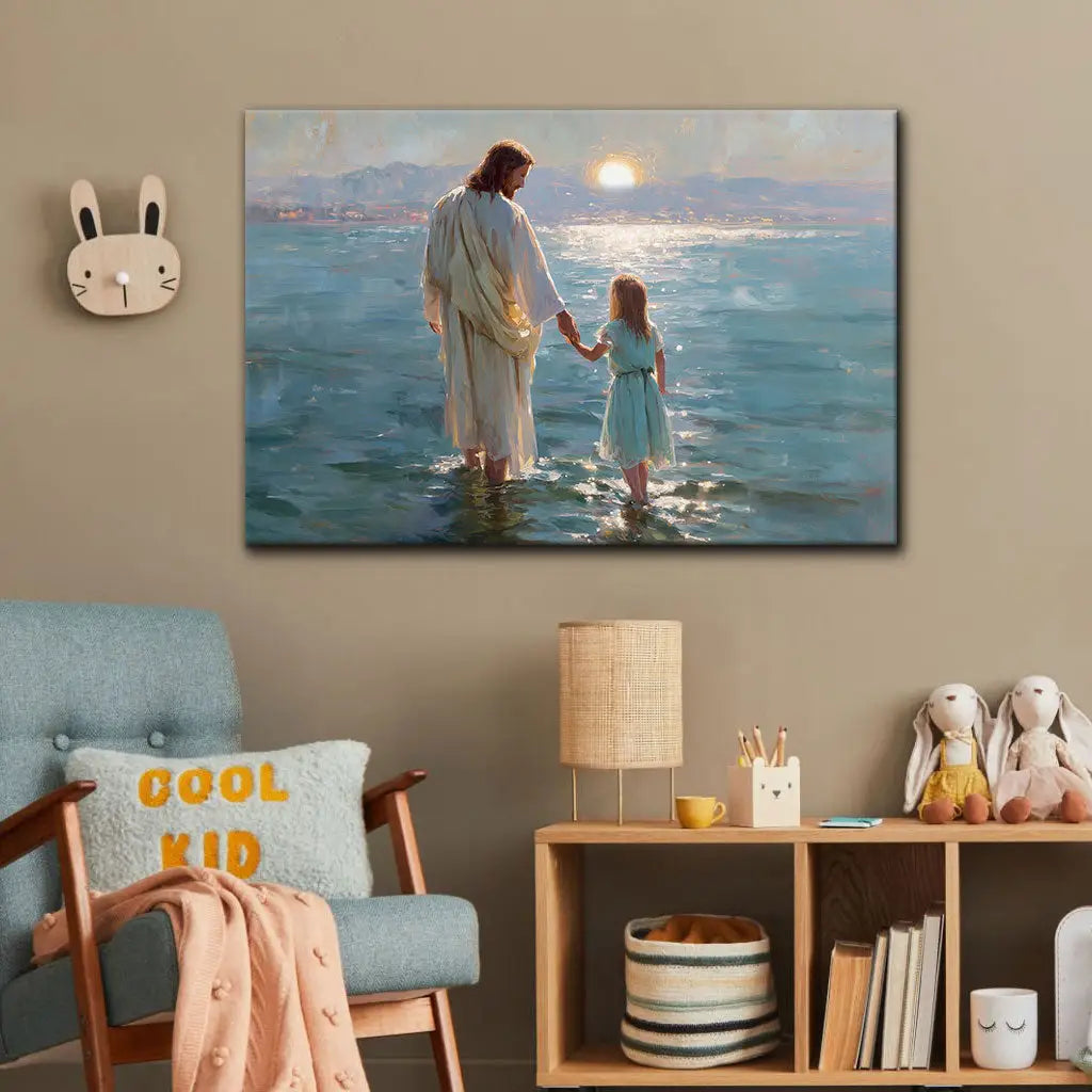 Jesus and Little Girl on the Water – Christian Wall Art Canvas