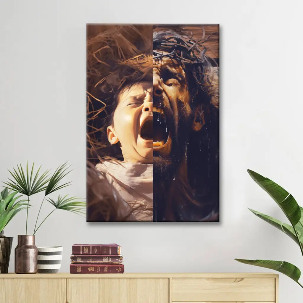 Jesus As A Baby And On The Cross Christian Wall Art Canvas