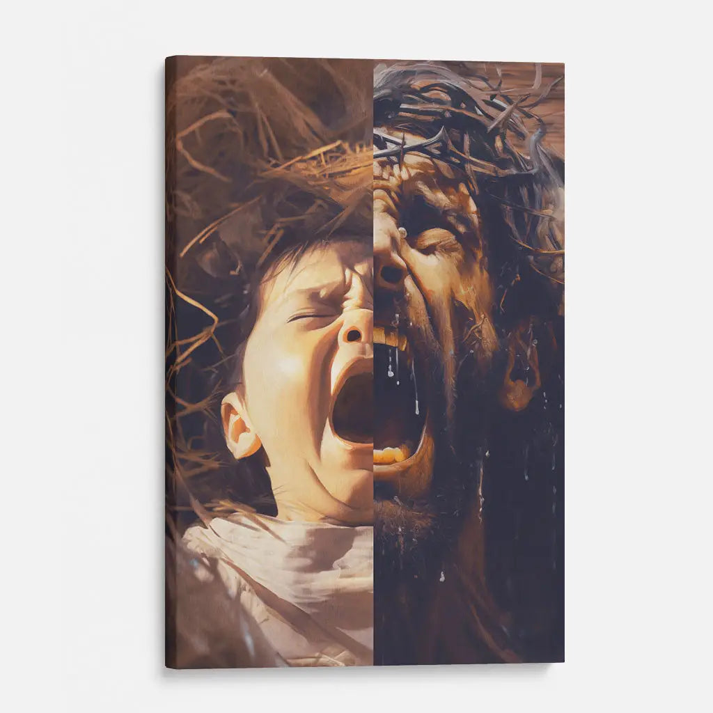 Jesus As A Baby And On The Cross Christian Wall Art Canvas