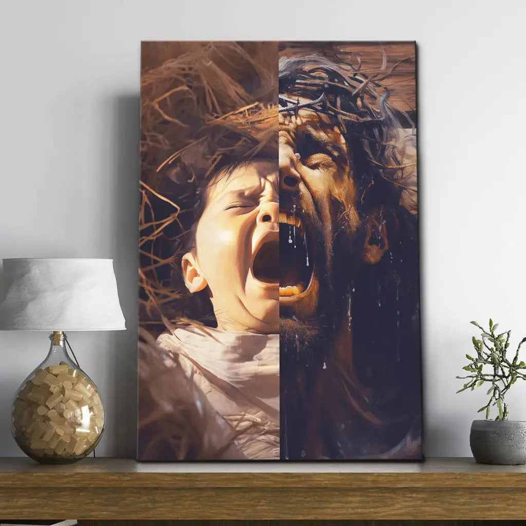Jesus As A Baby And On The Cross Christian Wall Art Canvas