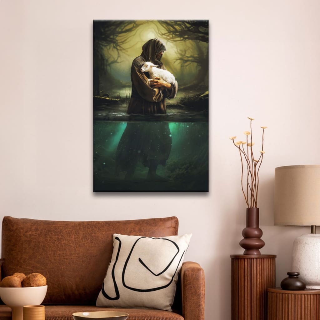 Christian Wall Art - Jesus As Shepherd Carrying Lamb Through The Waters Canvas