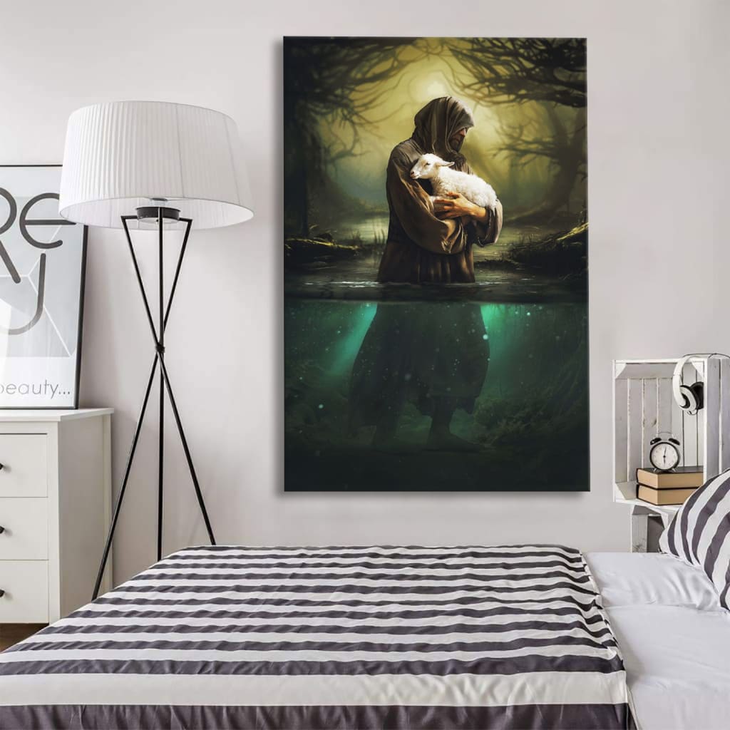 Christian Wall Art - Jesus As Shepherd Carrying Lamb Through The Waters Canvas