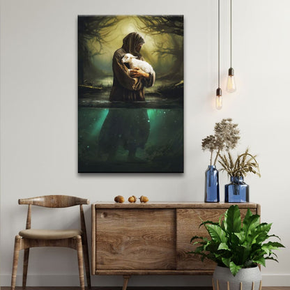 Christian Wall Art - Jesus As Shepherd Carrying Lamb Through The Waters Canvas