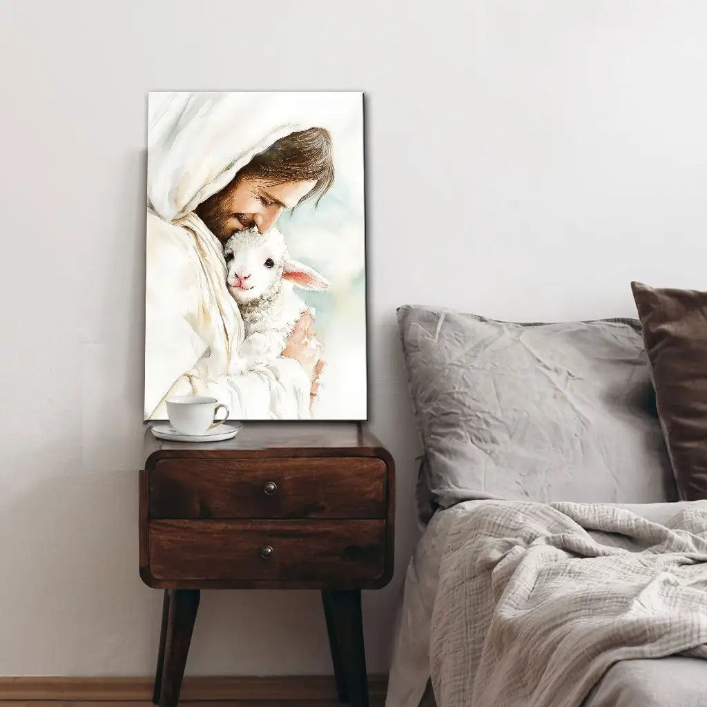 Jesus Holding the Lost Lamb – Good Shepherd Christian Wall Art Canvas