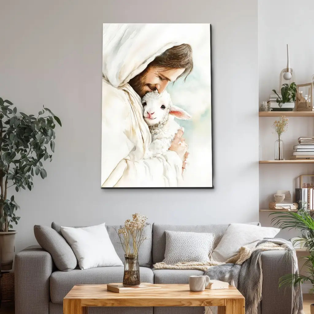 Jesus Holding the Lost Lamb – Good Shepherd Christian Wall Art Canvas
