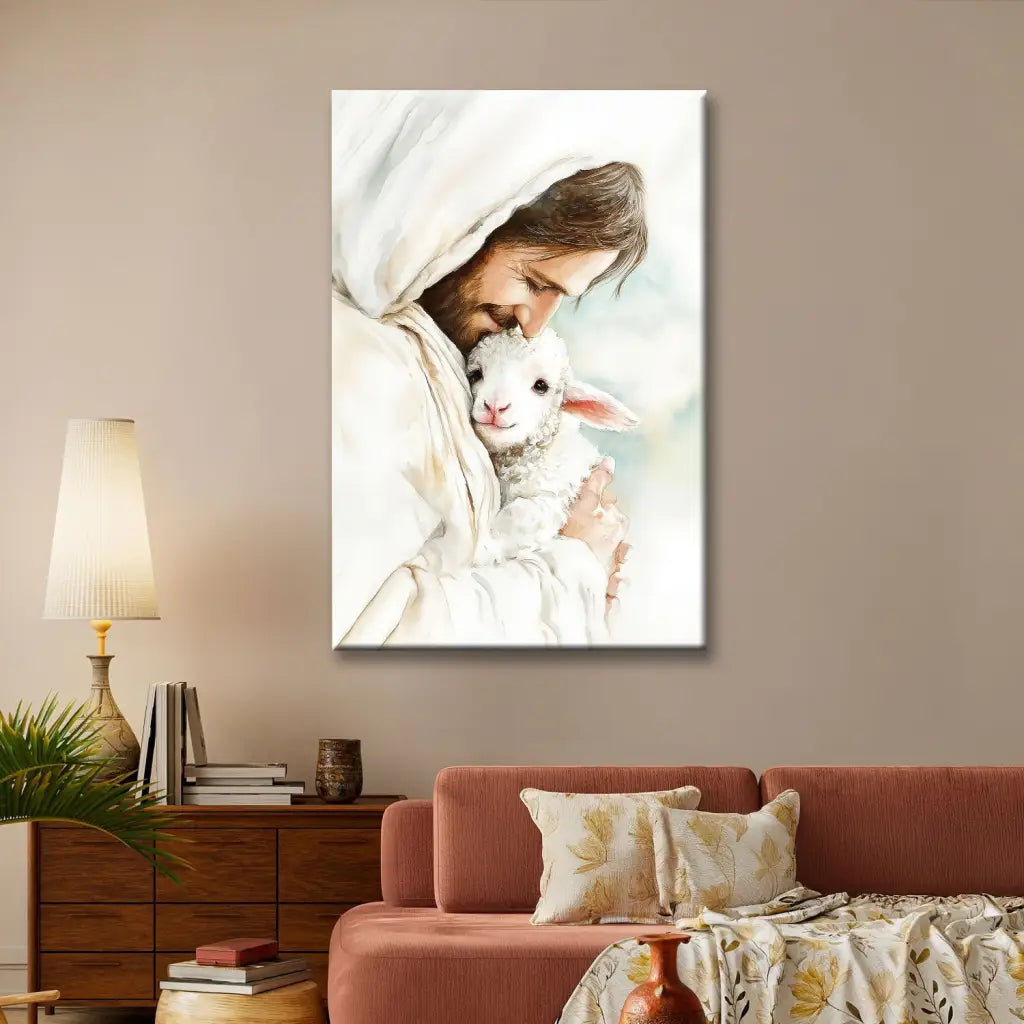 Jesus Holding the Lost Lamb – Good Shepherd Christian Wall Art Canvas