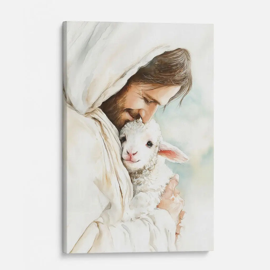 Jesus Holding the Lost Lamb – Good Shepherd Christian Wall Art Canvas