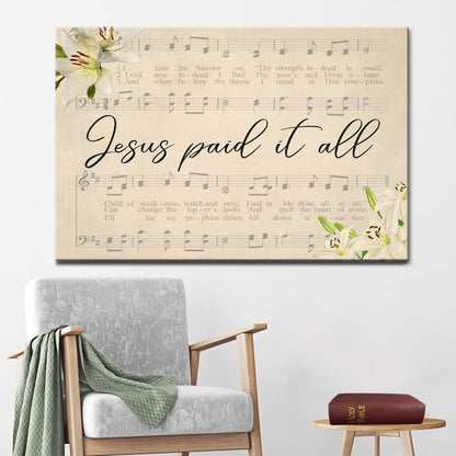 Jesus Paid It All, Sheet Music, Christian Wall Art Canvas
