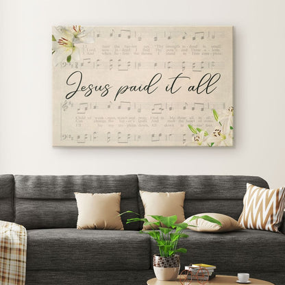 Jesus Paid It All, Sheet Music, Christian Wall Art Canvas