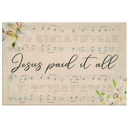 Jesus Paid It All, Sheet Music, Christian Wall Art Canvas