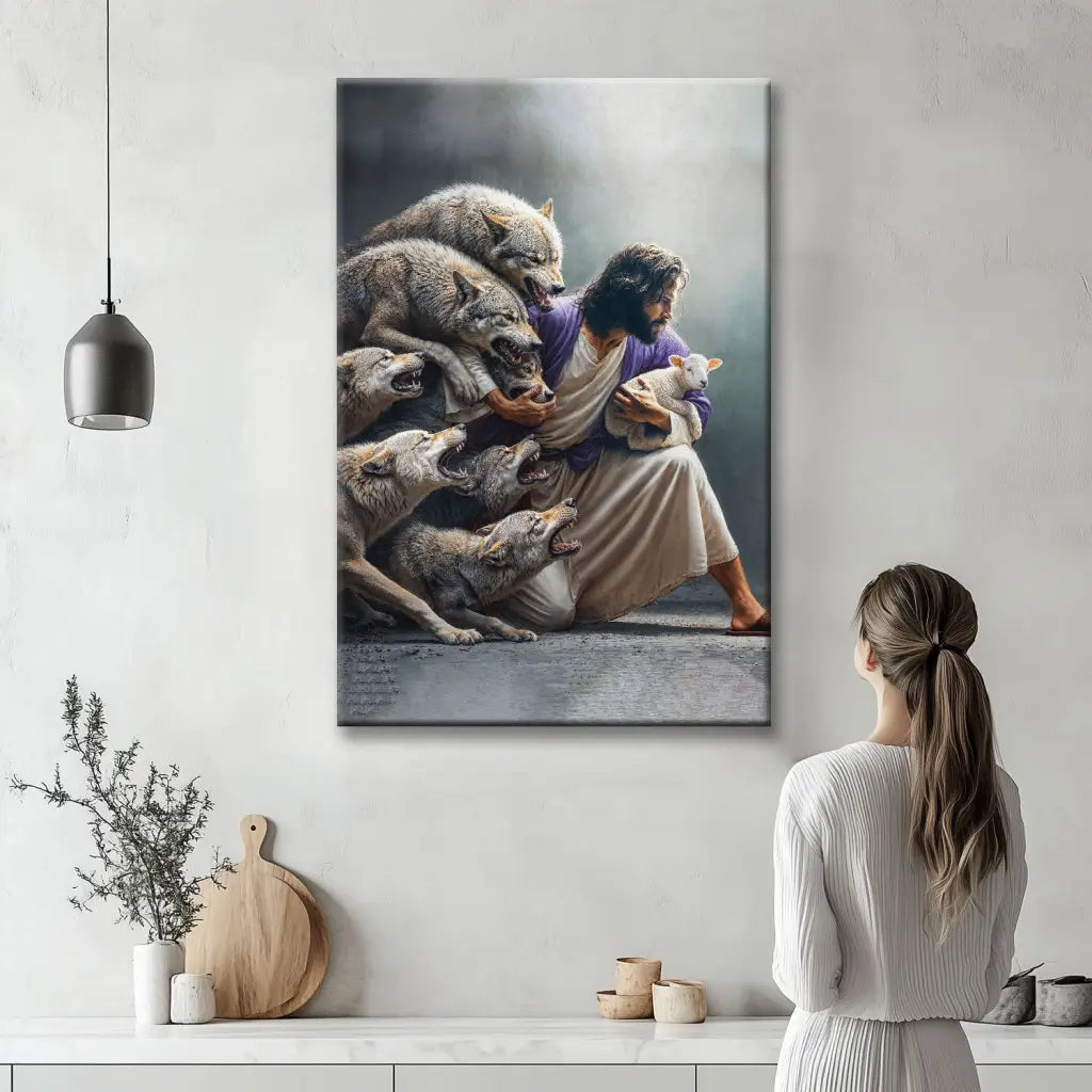 Jesus Protects The Lamb From Wolves Wall Art Canvas