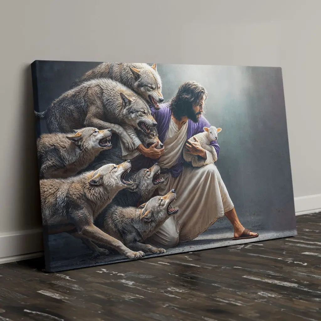 Jesus Protects The Lamb From Wolves Wall Art Canvas