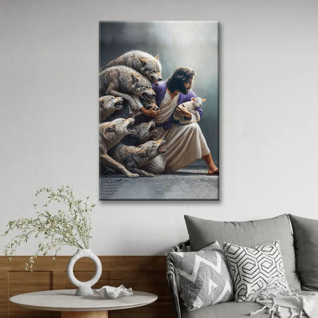 Jesus Protects The Lamb From Wolves Wall Art Canvas
