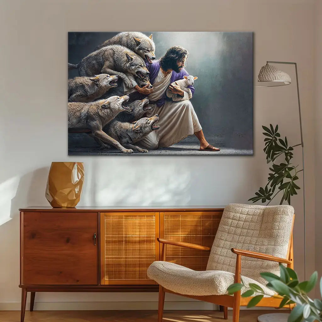 Jesus Protects The Lamb From Wolves Wall Art Canvas