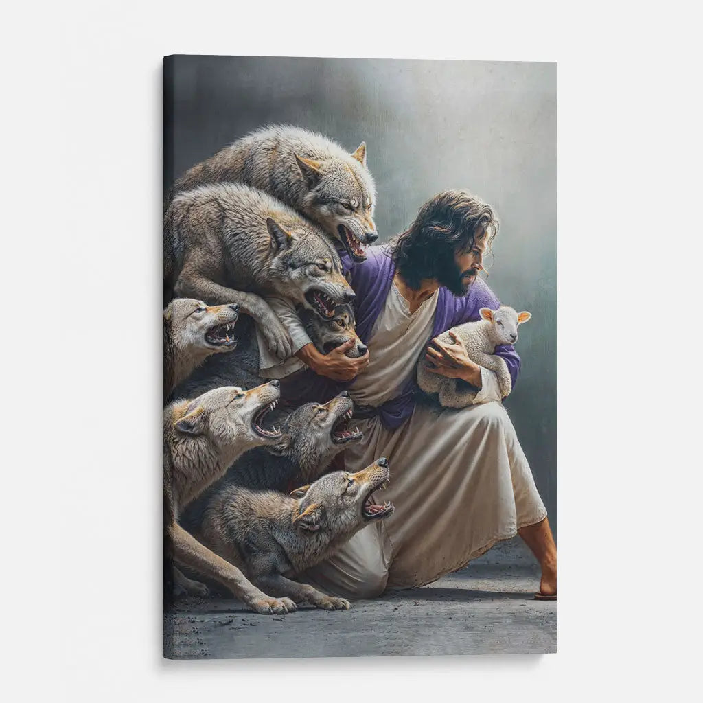 Jesus Protects The Lamb From Wolves Wall Art Canvas