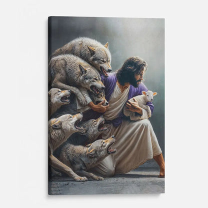 Jesus Protects The Lamb From Wolves Wall Art Canvas