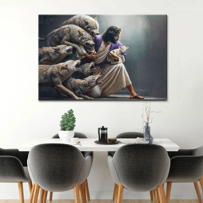 Jesus Protects The Lamb From Wolves Wall Art Canvas